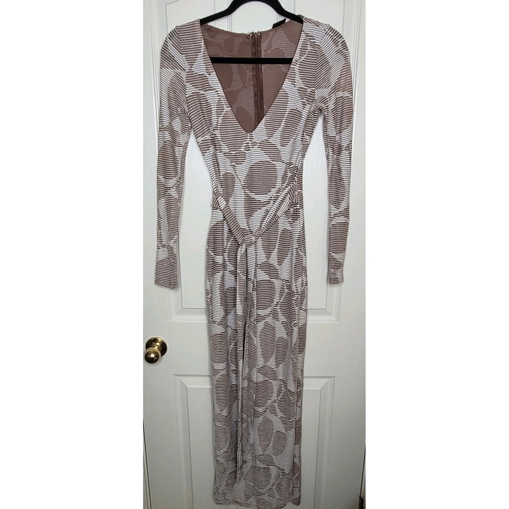 Blanc Geometric Dress Deep Plunge Neckline Long Sleeve Women's Sz S Brown/Ivory